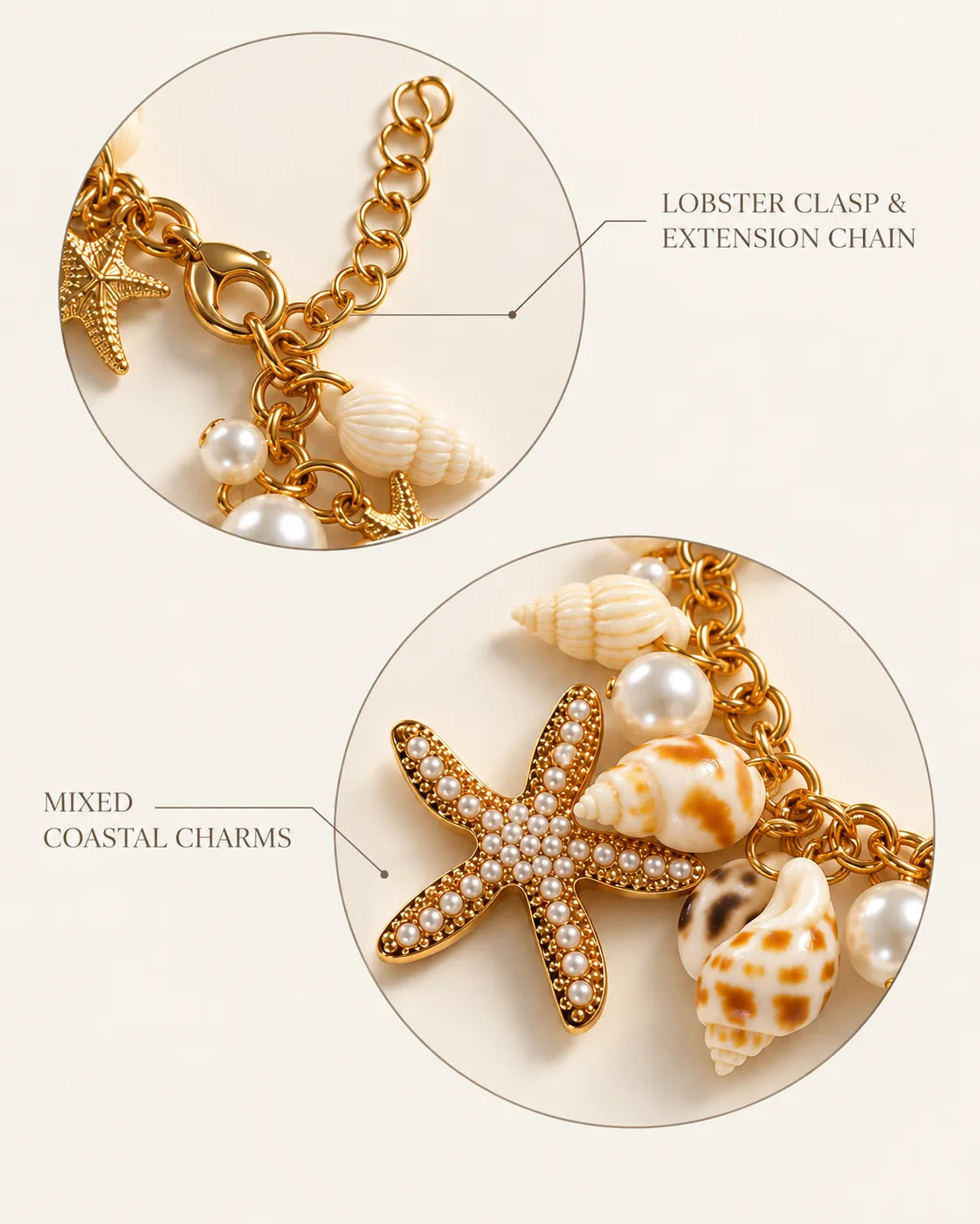 Detail graphic showing the lobster clasp, extension chain and coastal charms