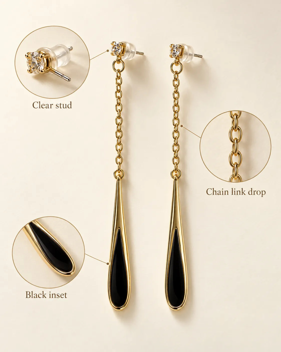 Annotated detail graphic of the clear stud, chain link drop and black teardrop
