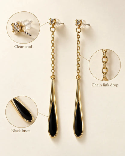 Annotated detail graphic of the clear stud, chain link drop and black teardrop