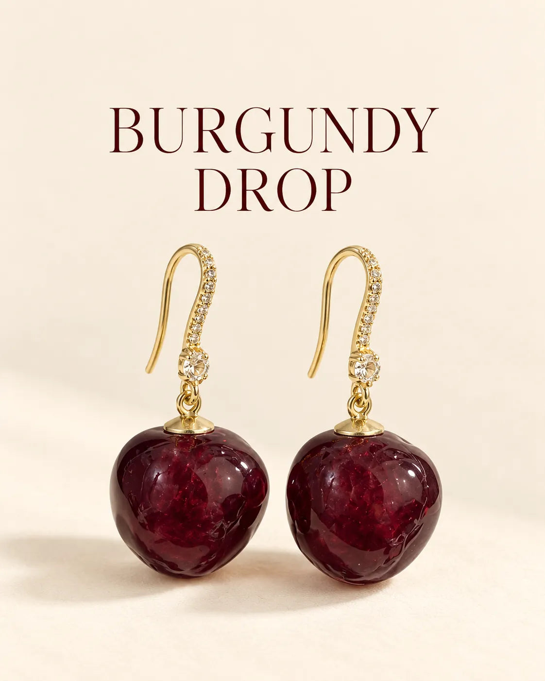 Burgundy drop graphic of the gold plated red cherry earrings