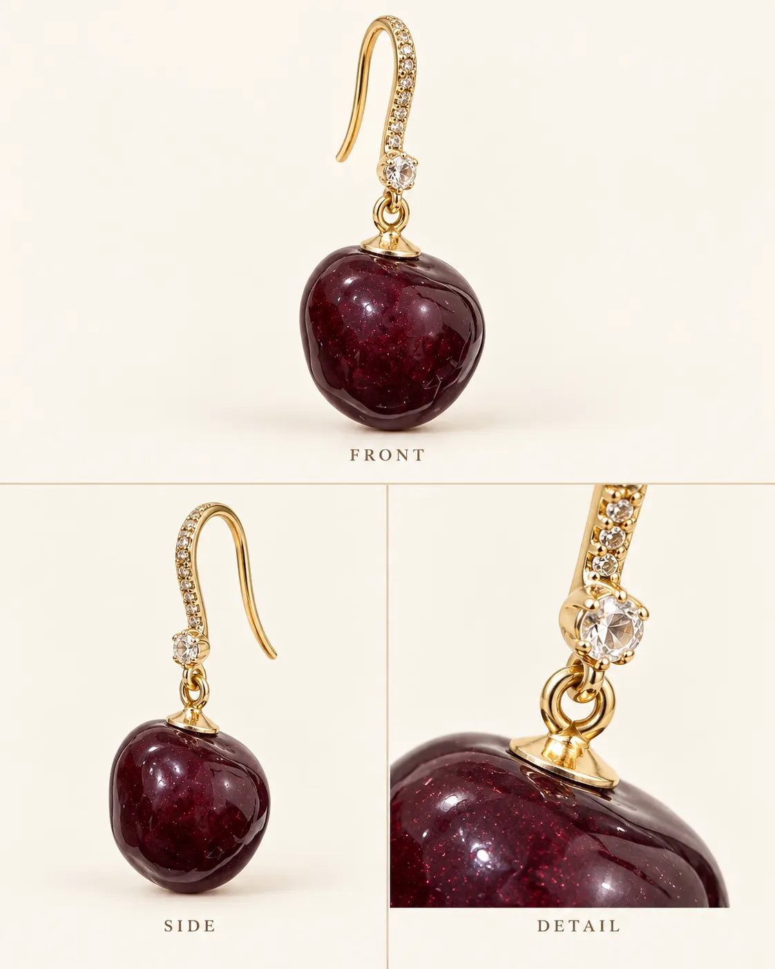 Detail grid of the cherry earring showing front, side and crystal hook close-up
