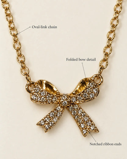 Annotated detail graphic of the gold bow pendant and cable chain