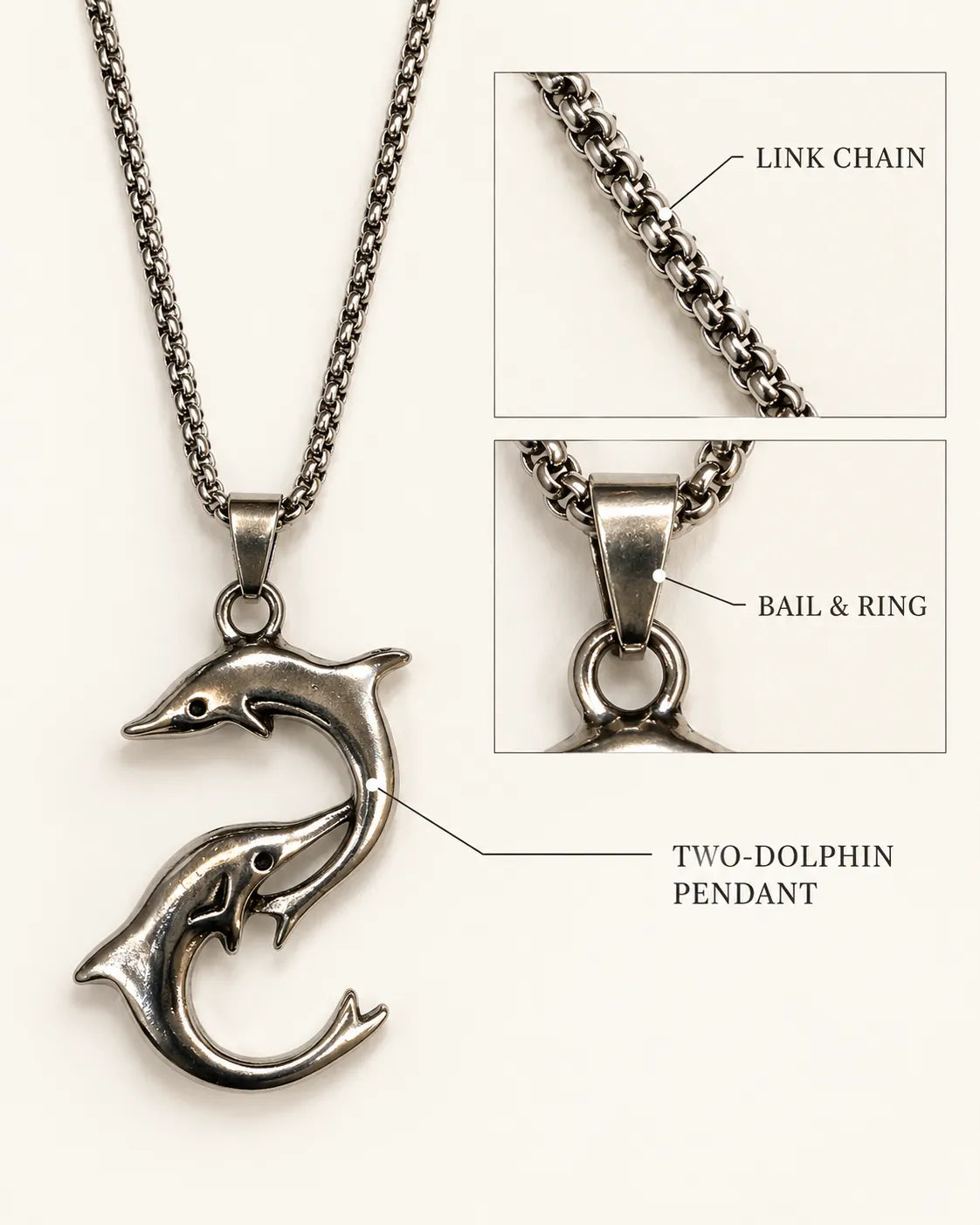 Annotated detail graphic of the dolphin pendant, bail and link chain