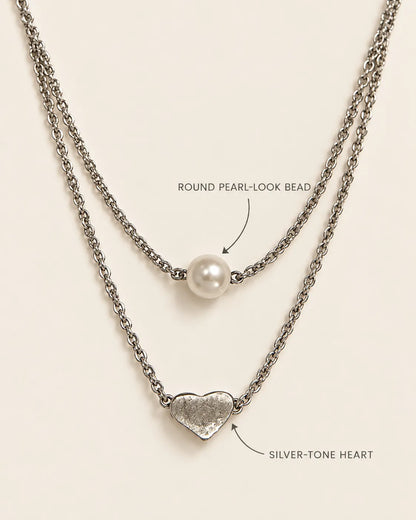 Annotated detail graphic of the pearl-look bead and silver-tone heart