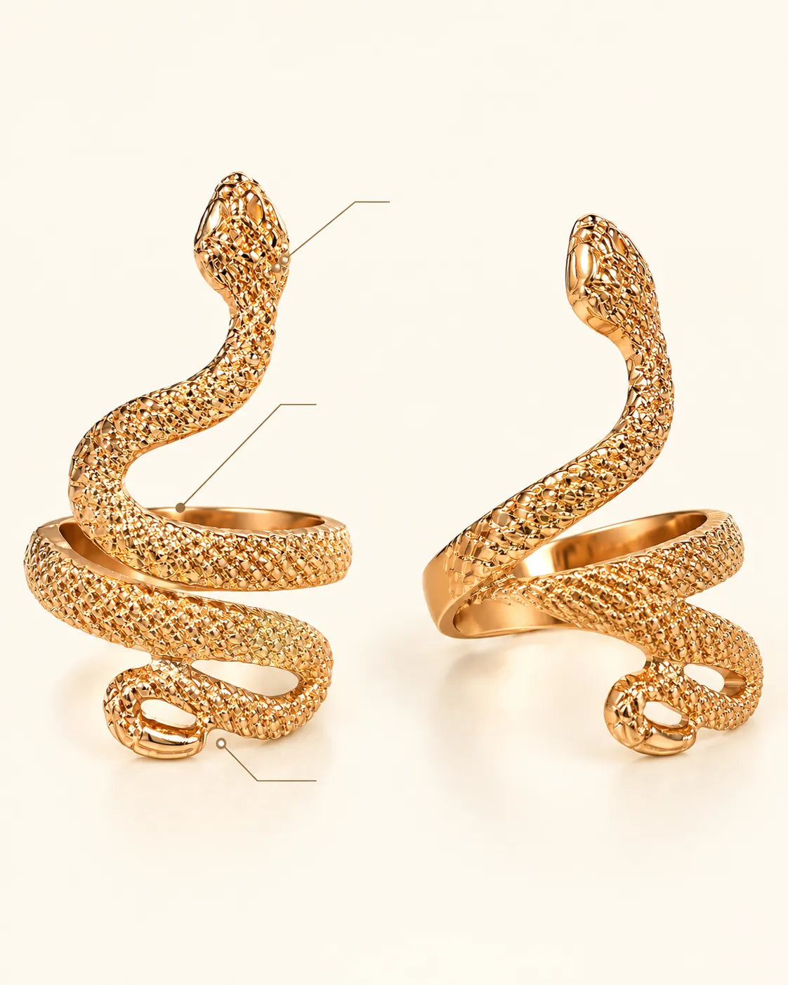 Two views of the gold coiled snake ring side by side