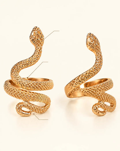 Two views of the gold coiled snake ring side by side