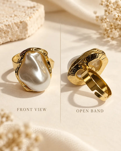 Front view and open band view of the gold baroque pearl-look ring