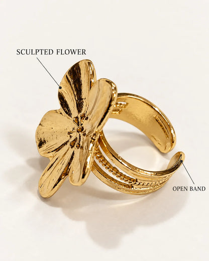 Annotated graphic of the gold ring labelling the sculpted flower and open band