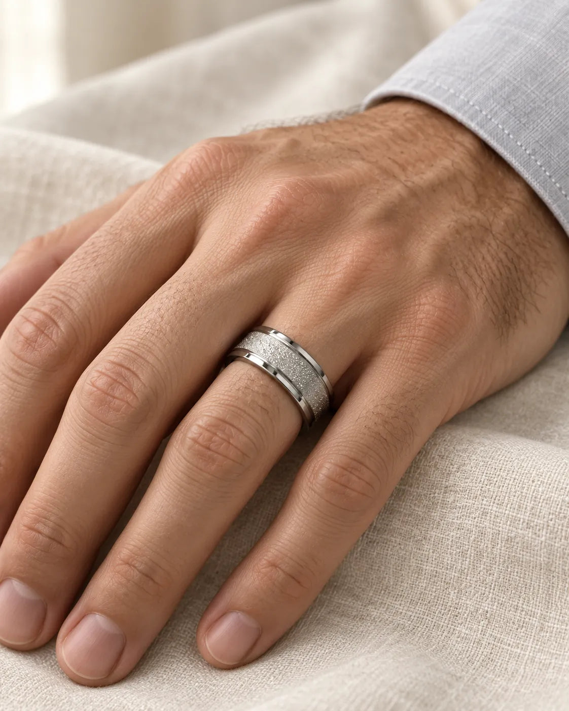 Man's hand resting on linen wearing the silver textured band ring
