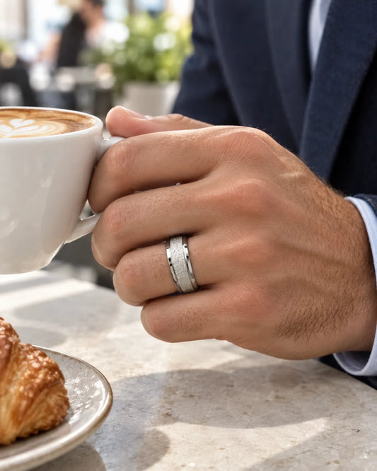 Hand holding a coffee cup while wearing the silver band ring