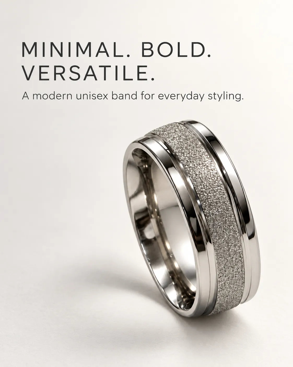 Silver band ring graphic reading minimal, bold, versatile