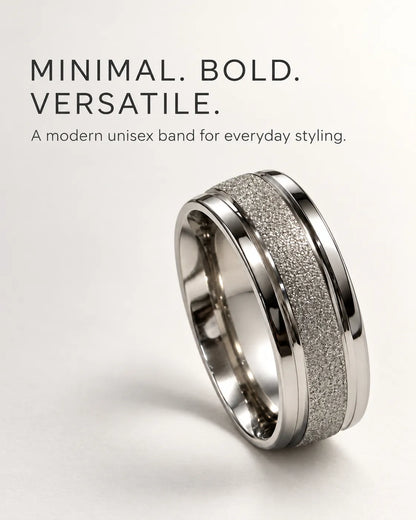Silver band ring graphic reading minimal, bold, versatile