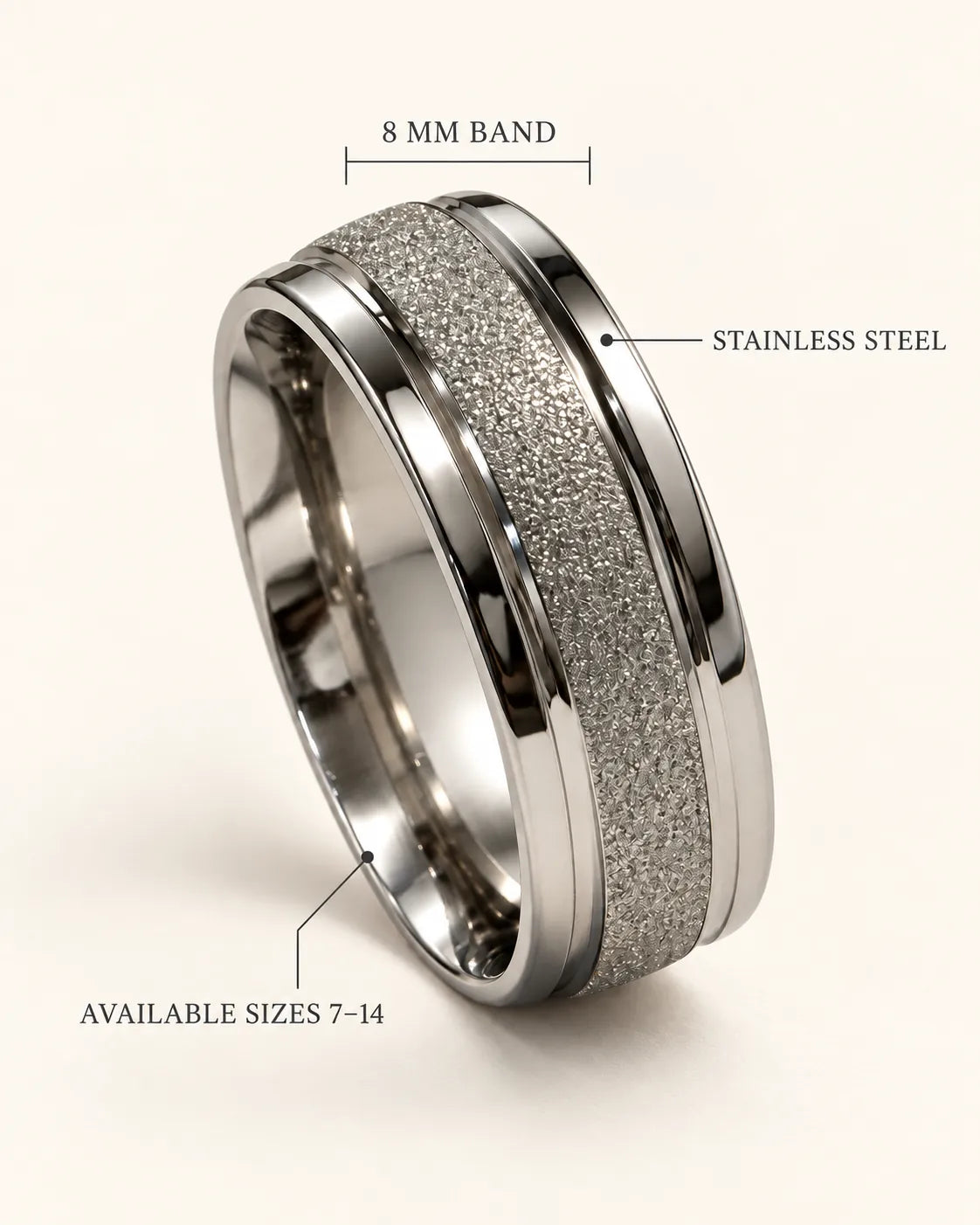 Annotated graphic of the silver ring showing 8 mm band and stainless steel