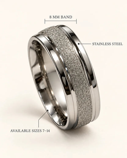 Annotated graphic of the silver ring showing 8 mm band and stainless steel
