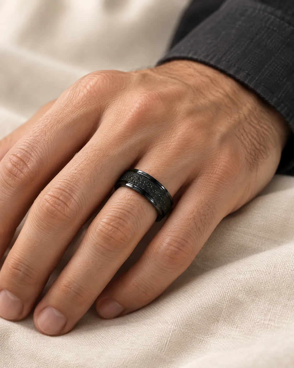 Man's hand on linen wearing the black textured band ring
