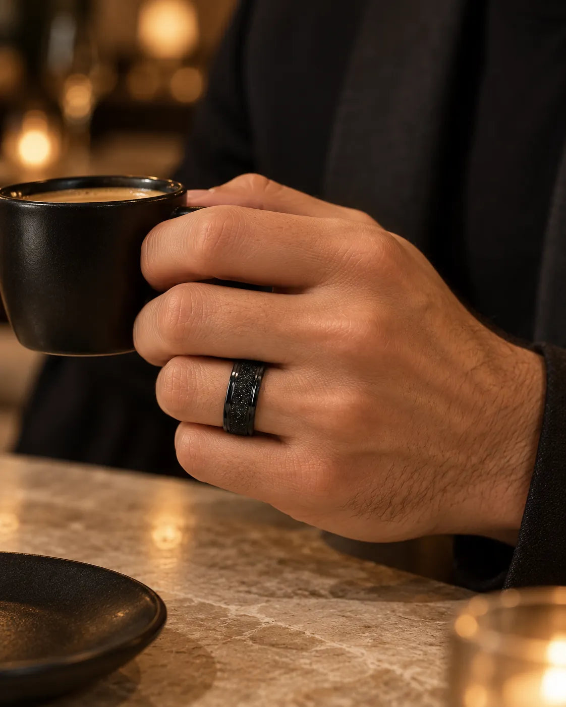 Hand holding an espresso cup in a dim cafe wearing the black ring