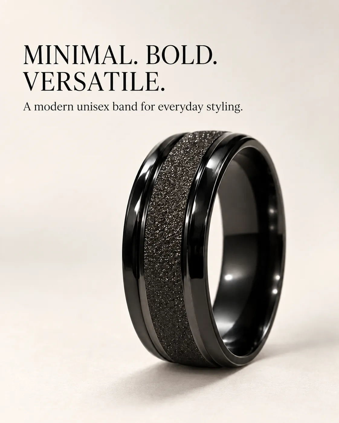 Black band ring graphic reading minimal, bold, versatile