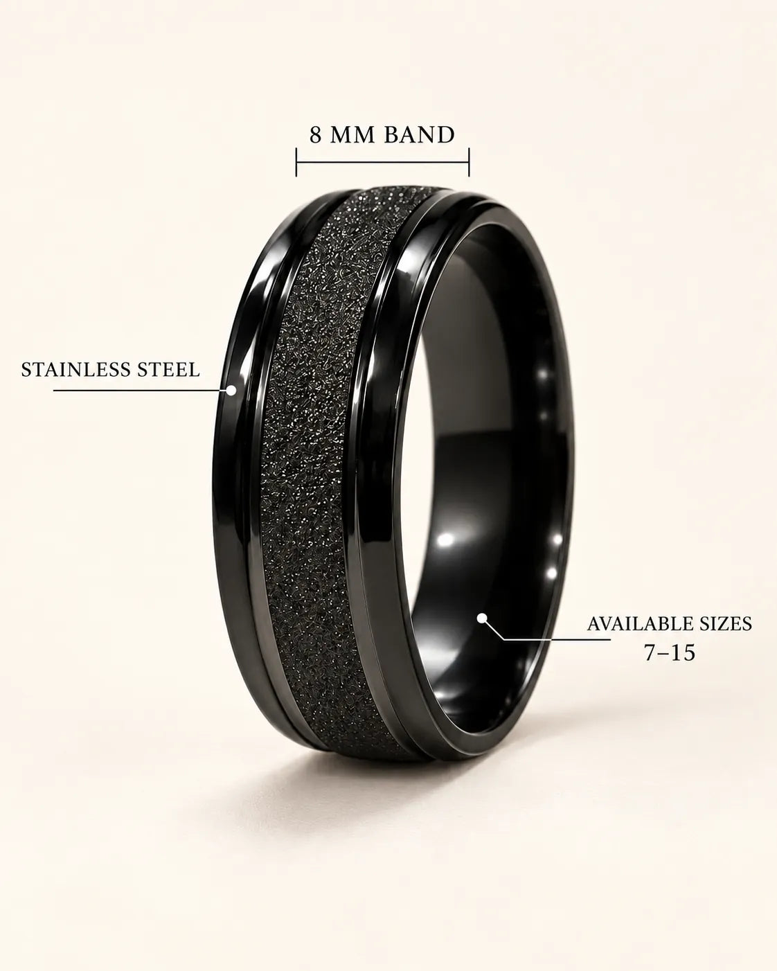 Annotated graphic of the black ring showing 8 mm band and stainless steel