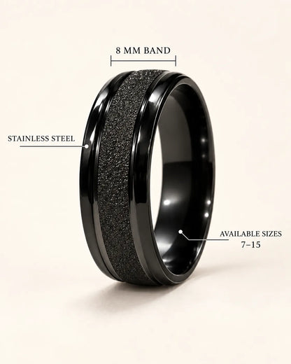 Annotated graphic of the black ring showing 8 mm band and stainless steel