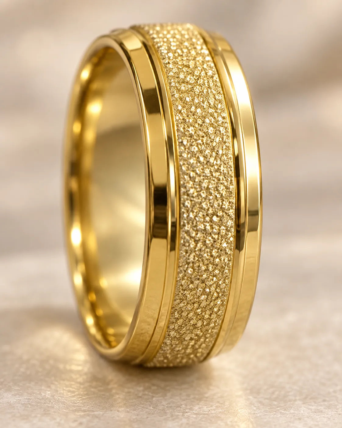 Gold Eternite band ring with textured centre and polished edges on a warm backdrop