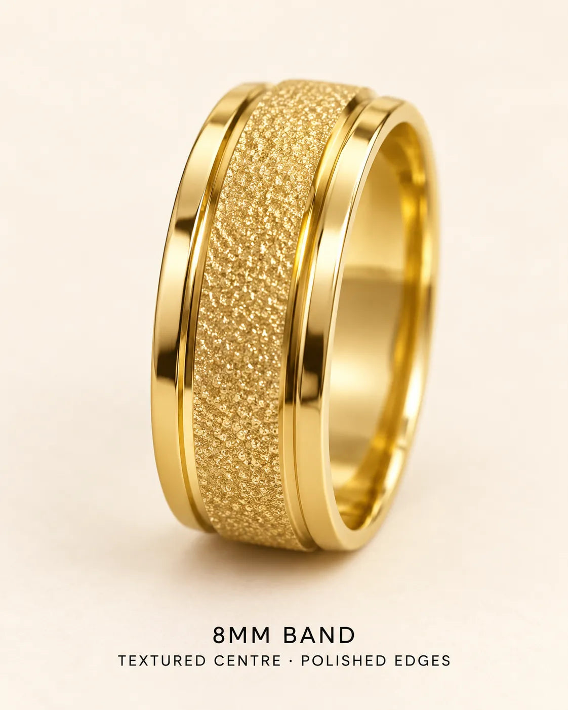 Gold Eternite ring graphic labelled 8mm band, textured centre, polished edges