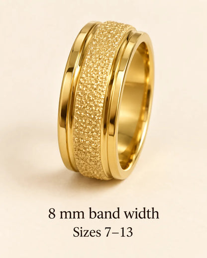 Gold textured band ring graphic noting 8 mm band width and sizes 7 to 13