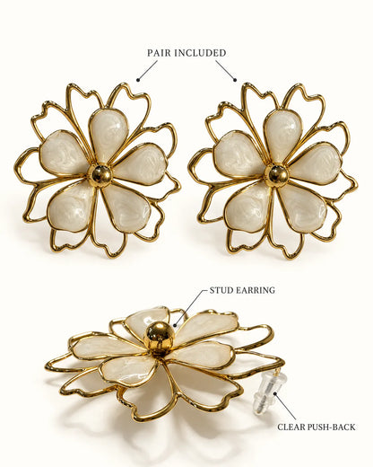 Annotated graphic of the white petal flower studs with side view of the post
