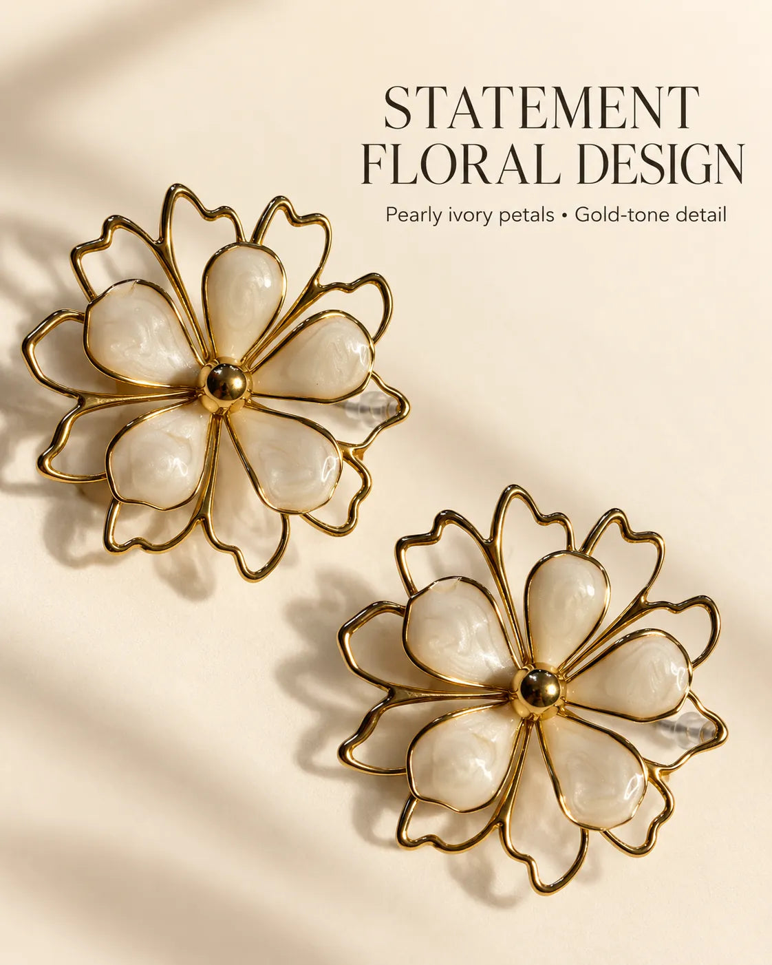 Statement floral design graphic of the white petal flower stud earrings