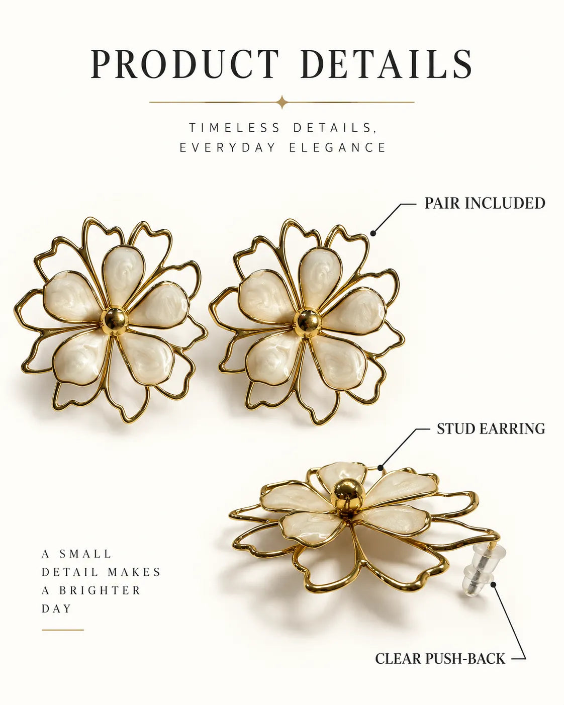 Product details graphic of the white flower studs showing the stud post and clear push-back