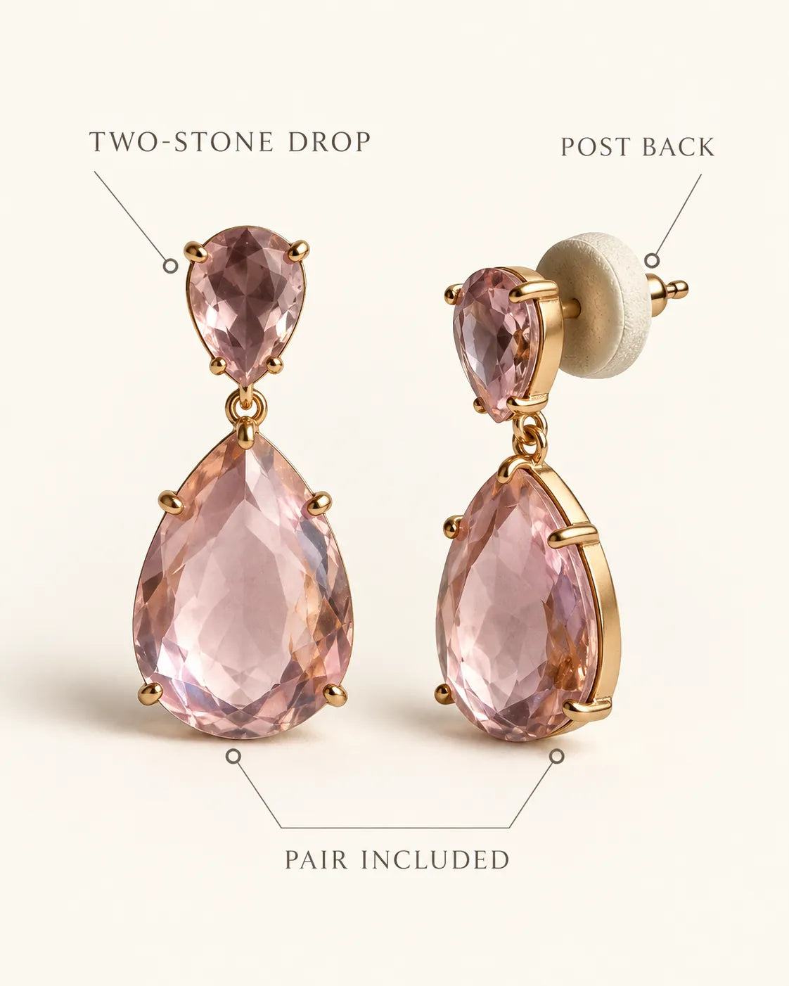 Annotated detail graphic of the pink two-stone teardrop earrings and post back