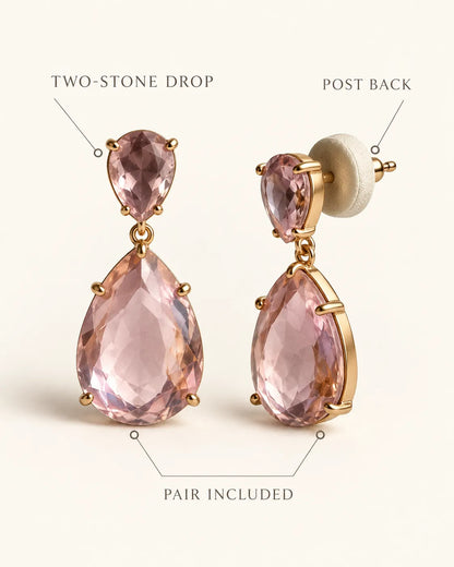 Annotated detail graphic of the pink two-stone teardrop earrings and post back