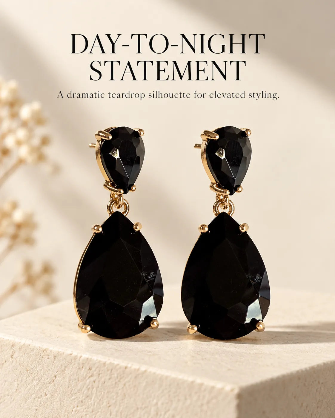 Day-to-night graphic featuring the black two-stone crystal drop earrings