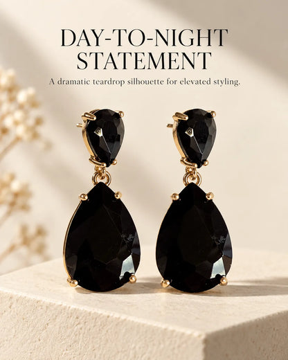 Day-to-night graphic featuring the black two-stone crystal drop earrings