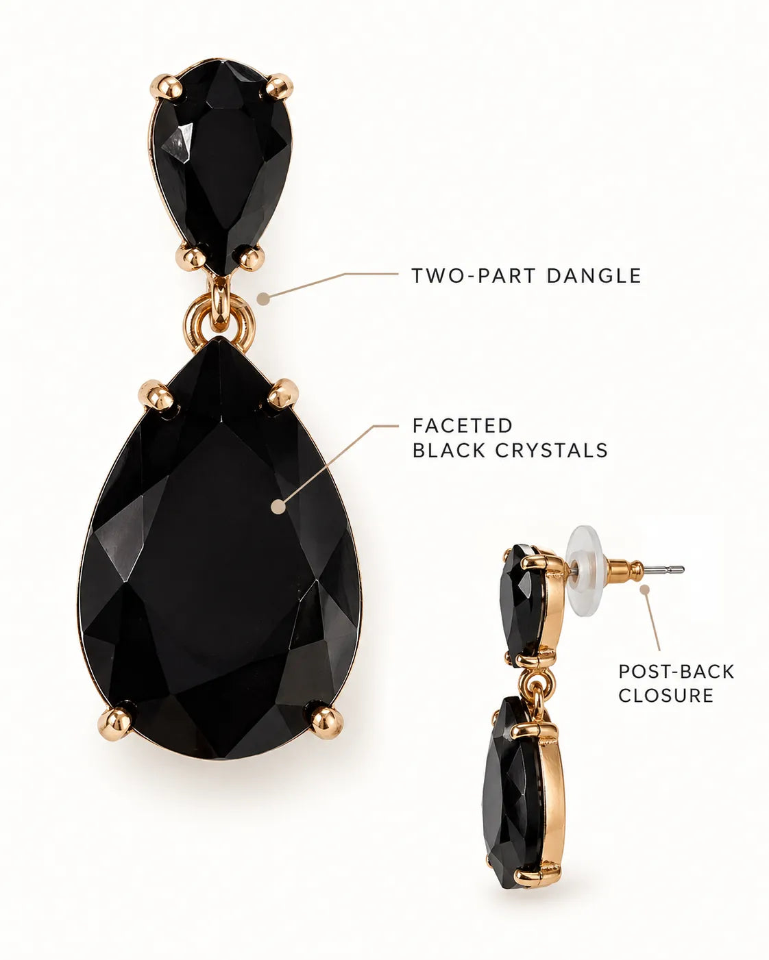 Annotated detail graphic of the black two-part teardrop earrings and post back