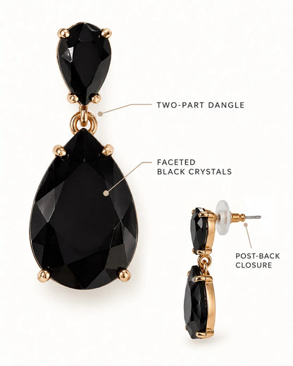 Annotated detail graphic of the black two-part teardrop earrings and post back