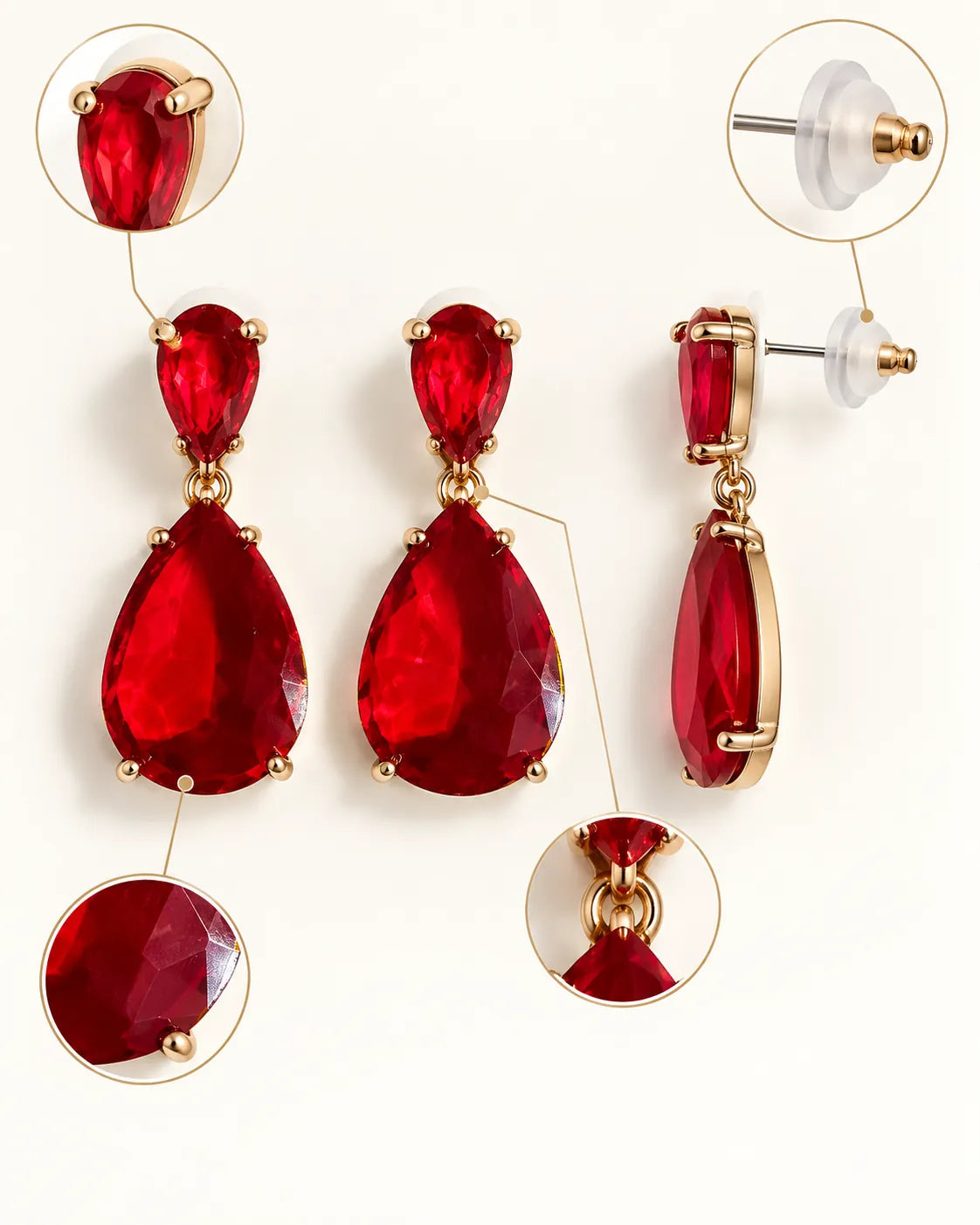 Annotated detail graphic of the red teardrop earrings with close-ups and post back