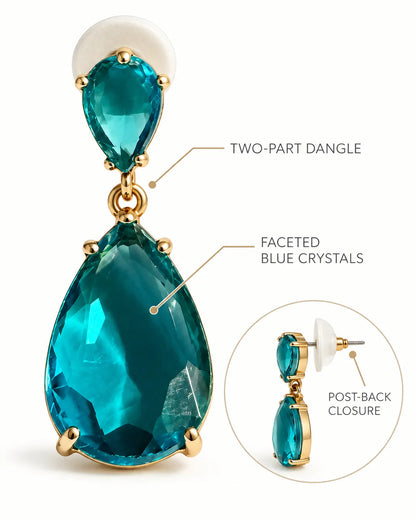 Annotated detail graphic of the blue two-part teardrop earring and post back