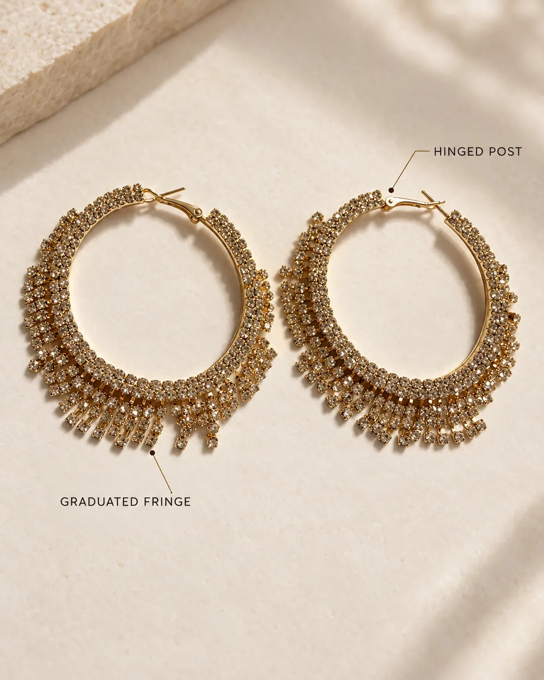 Annotated graphic of the gold hoops showing the graduated crystal fringe