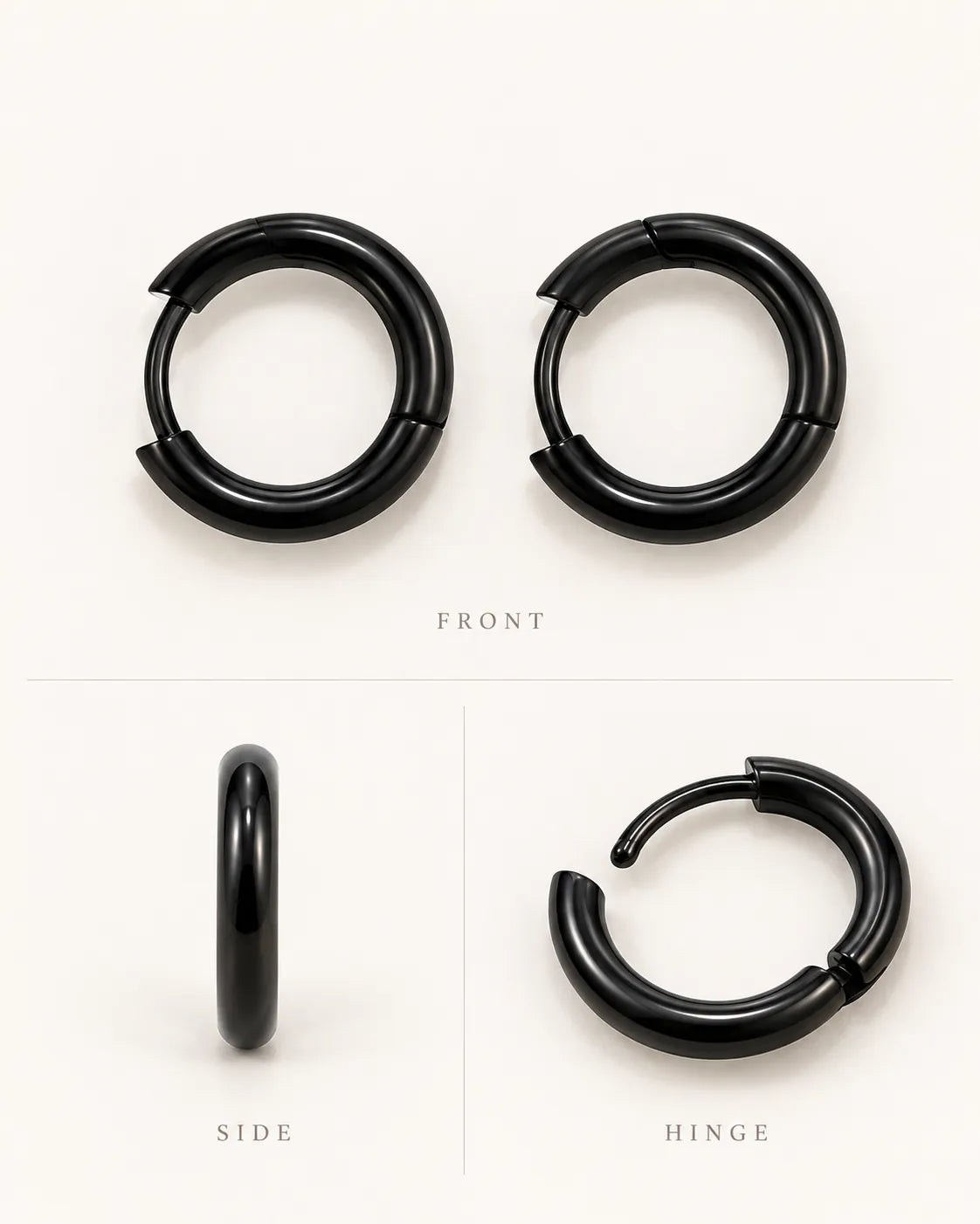Graphic of black huggie hoops showing front, side and hinge views