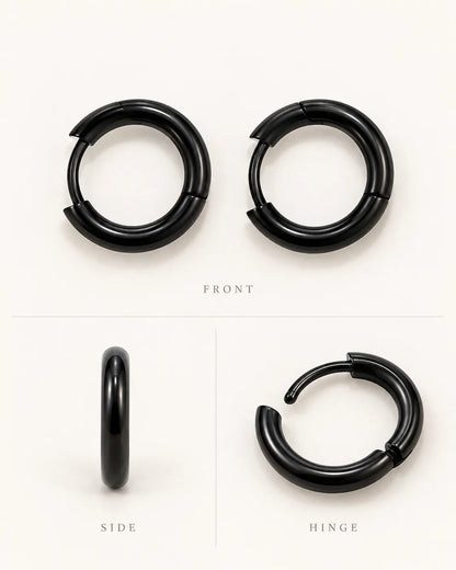 Graphic of black huggie hoops showing front, side and hinge views