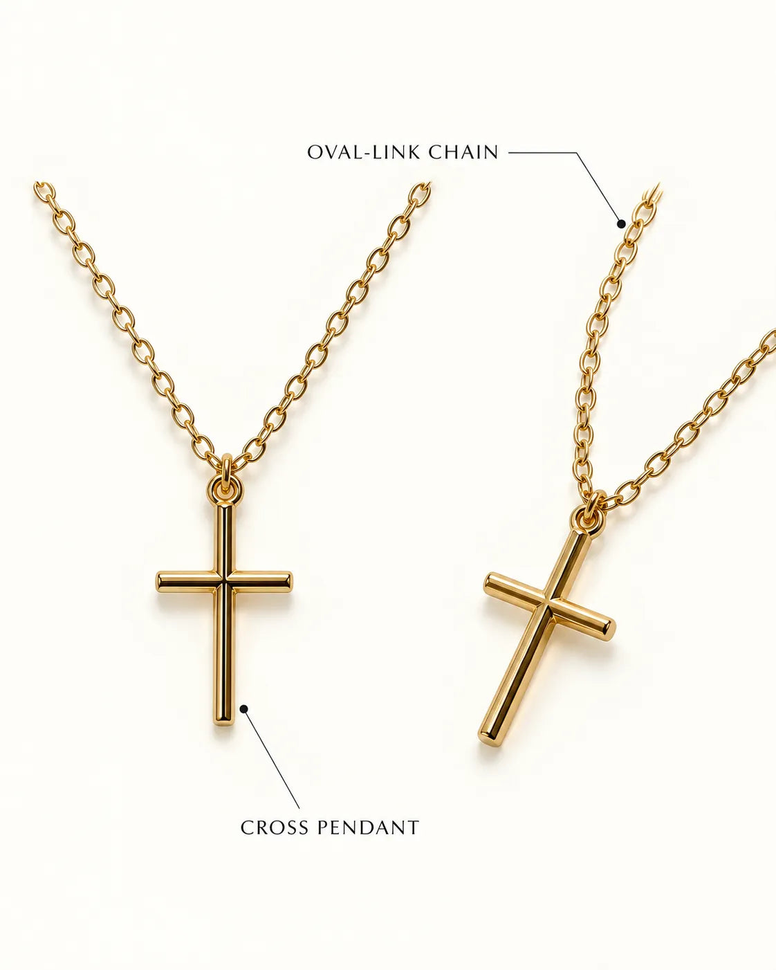 Annotated detail graphic of the gold cross pendant and oval-link chain