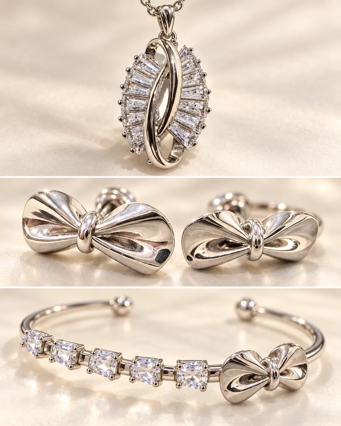 Collage of the twisted zircon pendant, bow studs and zircon cuff bangle