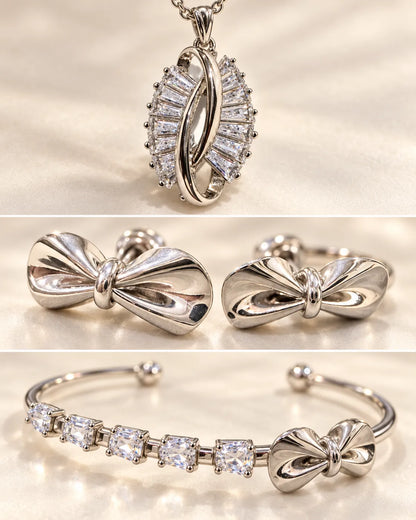 Collage of the twisted zircon pendant, bow studs and zircon cuff bangle