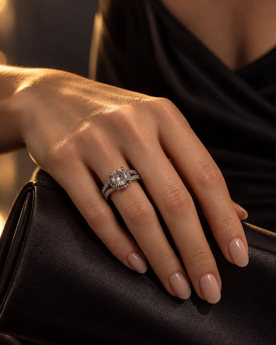 Hand holding a black clutch wearing the silver cubic zirconia ring