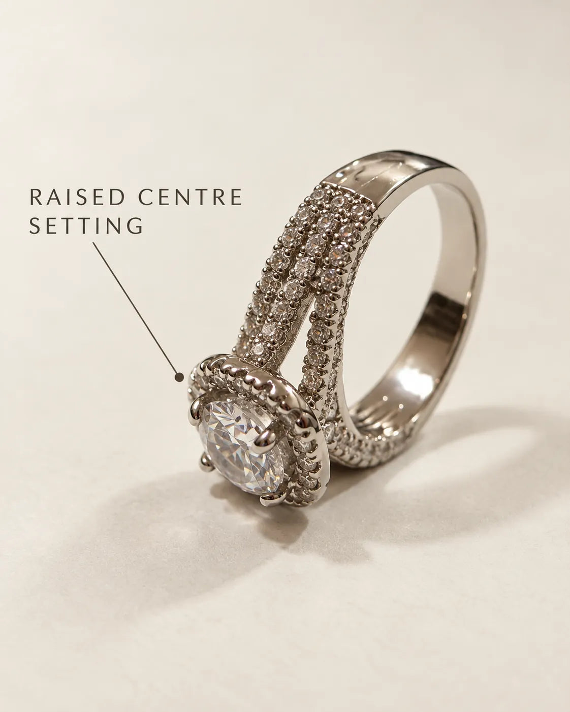 Annotated graphic of the silver ring showing the raised centre setting