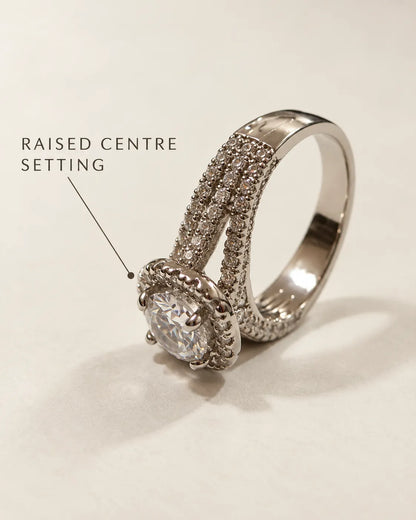 Annotated graphic of the silver ring showing the raised centre setting