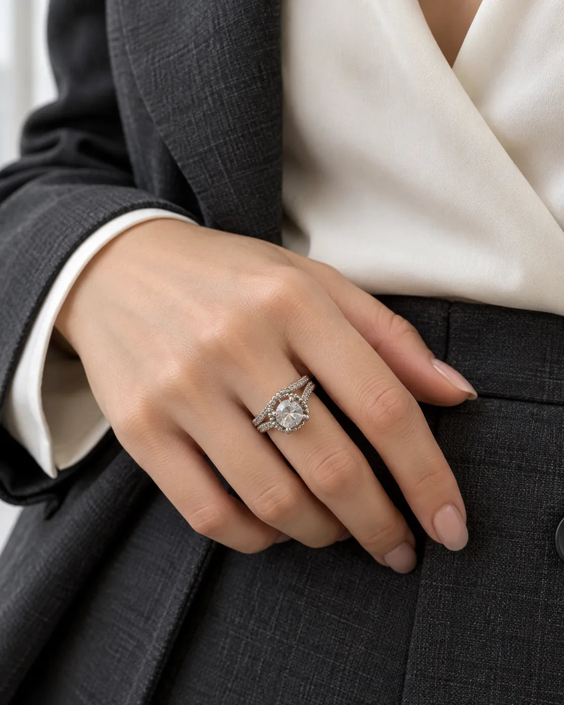 Hand against dark trousers wearing the silver halo solitaire ring