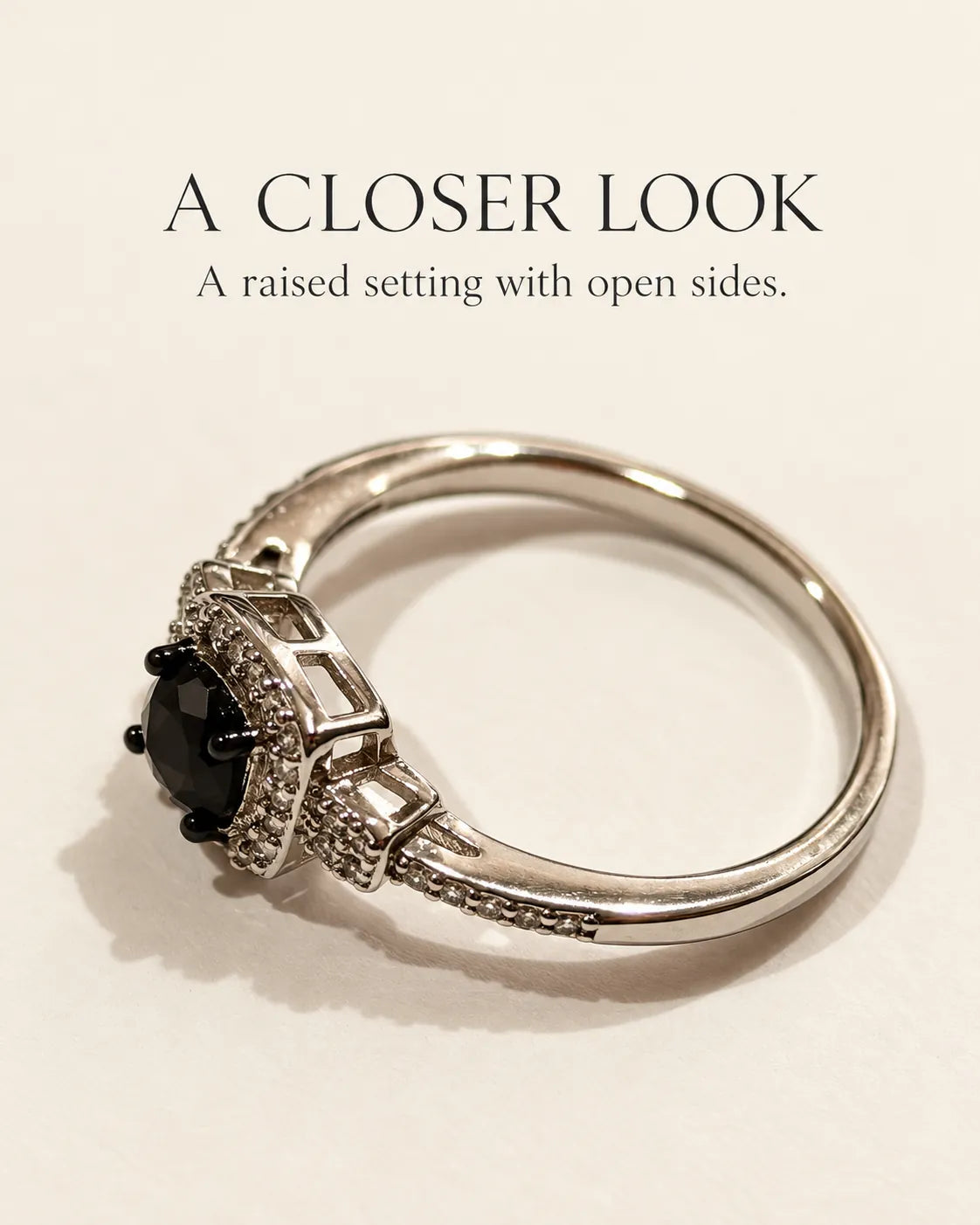 A closer look graphic of the raised black halo ring with open sides
