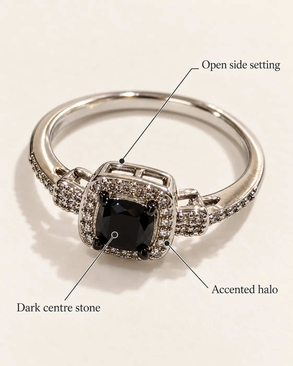 Annotated graphic of the ring showing open side setting, accented halo and dark centre