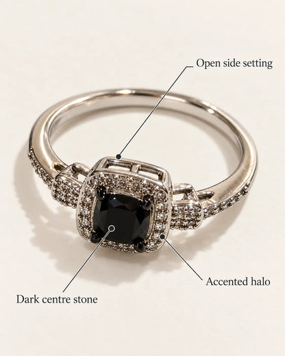 Annotated graphic of the ring showing open side setting, accented halo and dark centre
